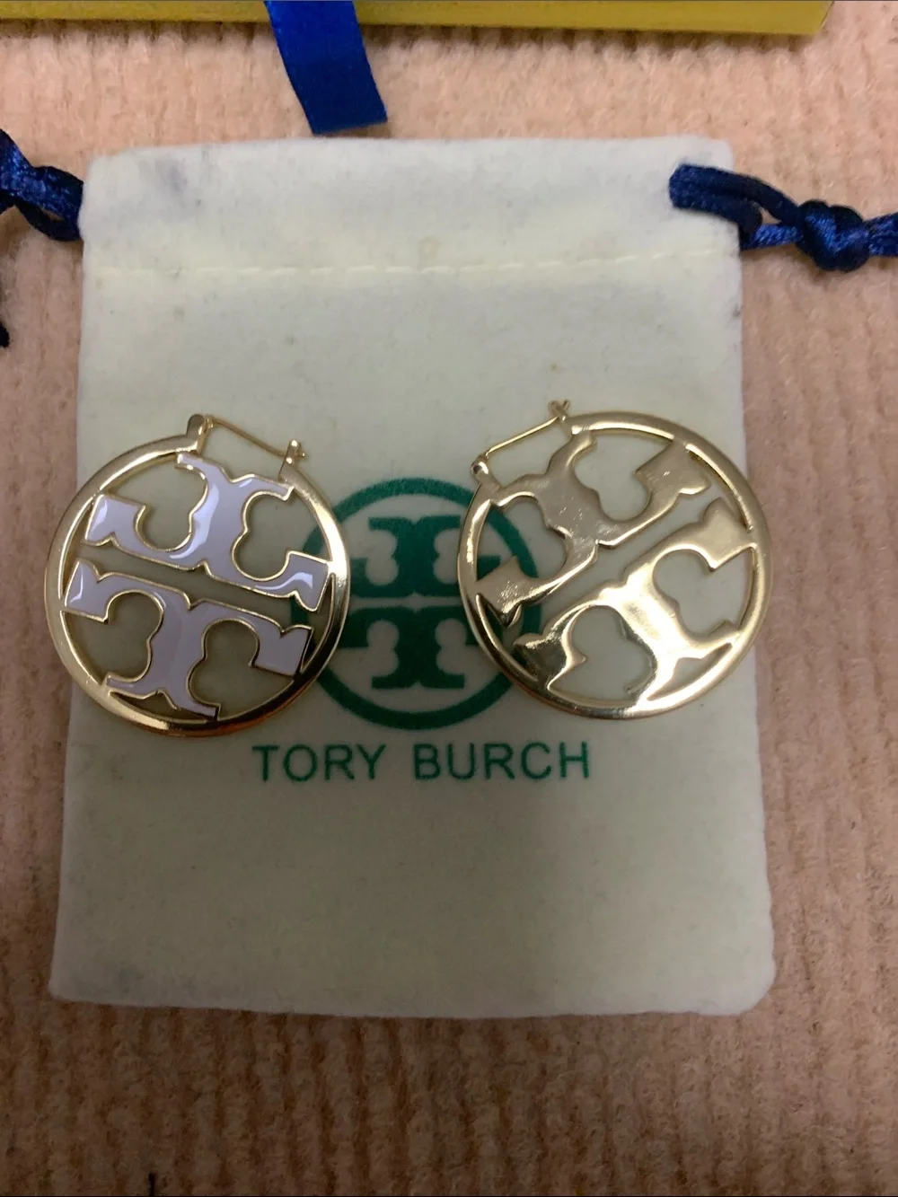 Tory Burch Gold and White Logo Hoop Earrings - Picture 5 of 5